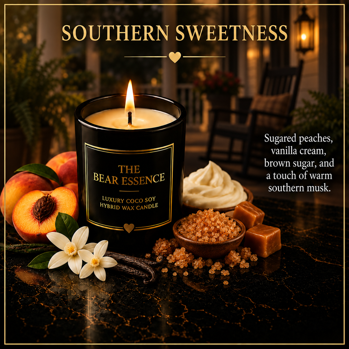 The Bear Essence Southern Sweetness candle with sugared peaches, vanilla cream, and brown sugar on dark marble