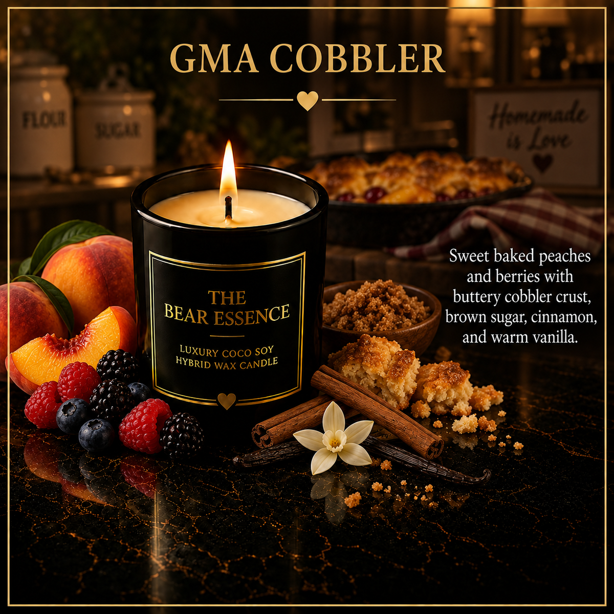 The Bear Essence GMA Cobbler candle with baked peaches, berries, brown sugar, and cinnamon on dark marble
