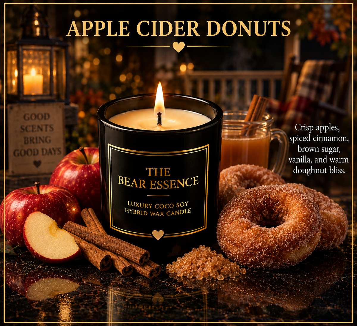 The Bear Essence Apple Cider Donuts candle with crisp apples, cinnamon sticks, and sugar-dusted donuts on dark marble