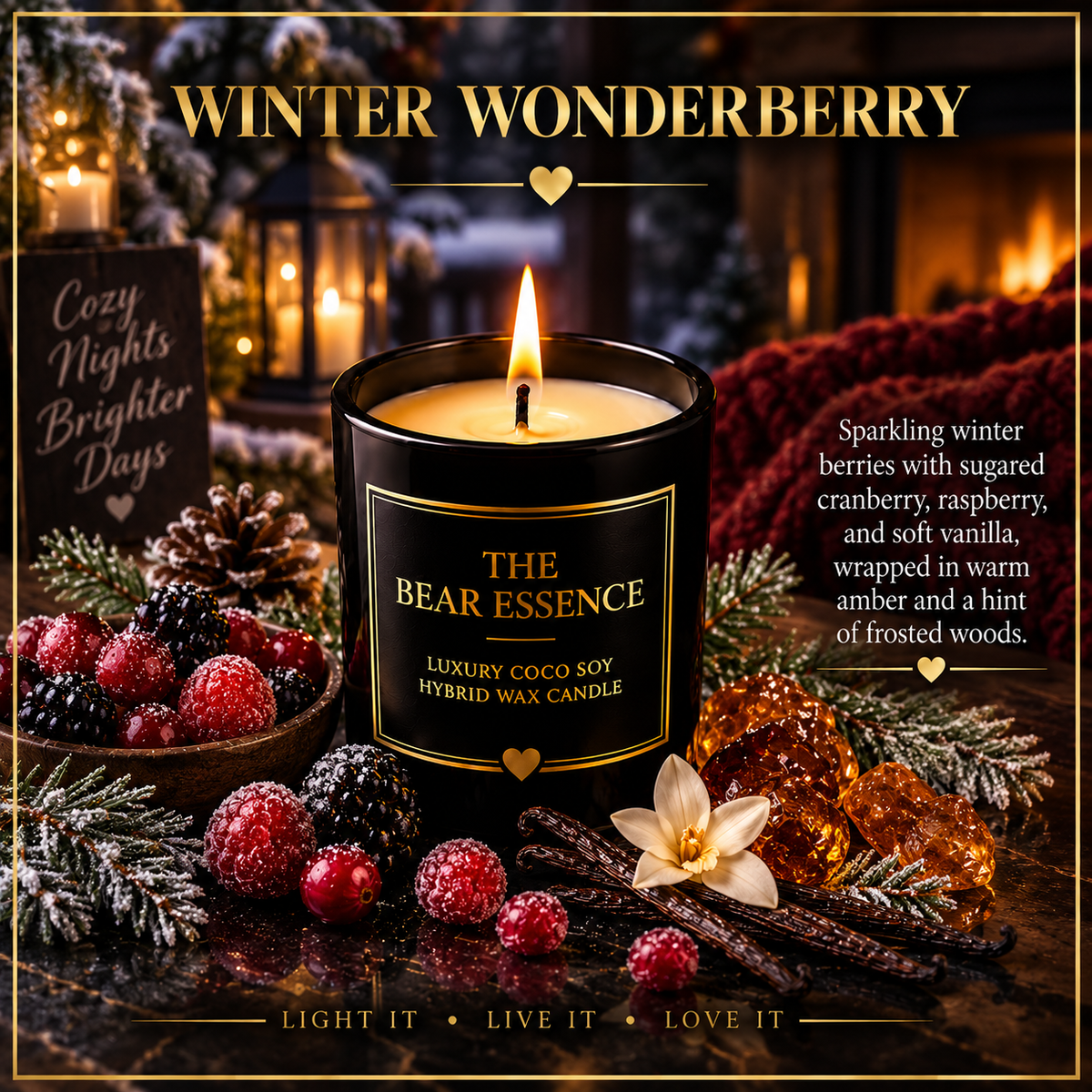 The Bear Essence Winter Wonderberry candle with sugared winter berries, pine, and vanilla on dark marble